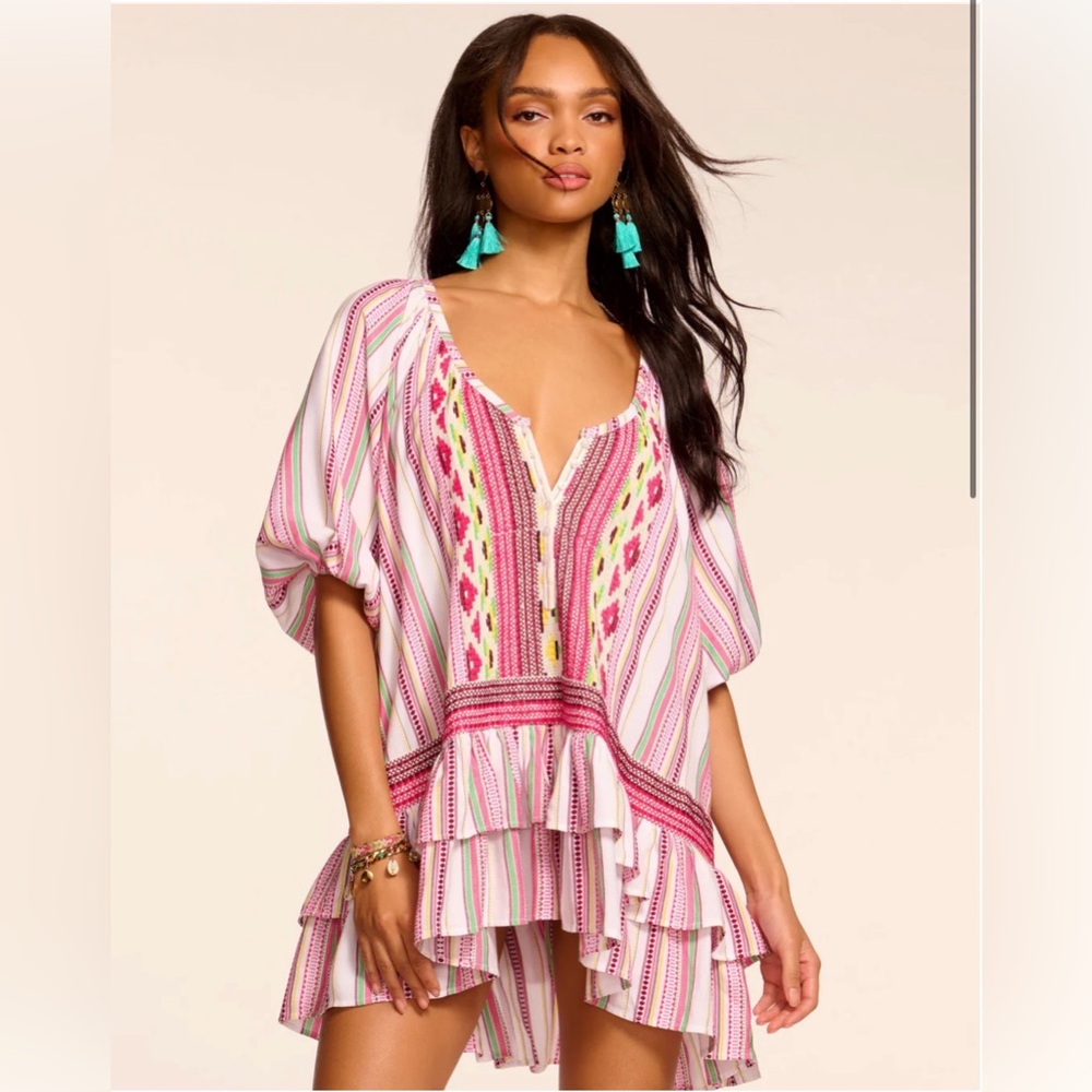 ✨ Ramy Brook XS/S Embroidered Stripe Ruffle Dress Cover-Up Boho Resort ✨